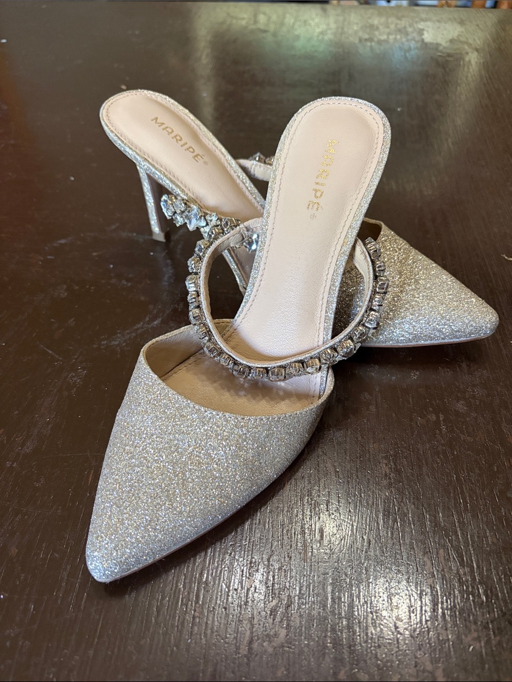 Glitter Pointed-Toe Mule in Silver with Embellished Strap